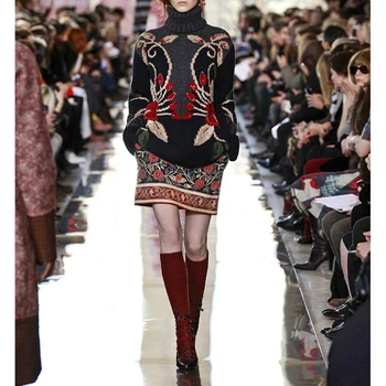 

Runway Designer 2019 Winter Embroidery Flower Printed Turtleneck Sweater Women Full Sleeve Pullovers High Quality