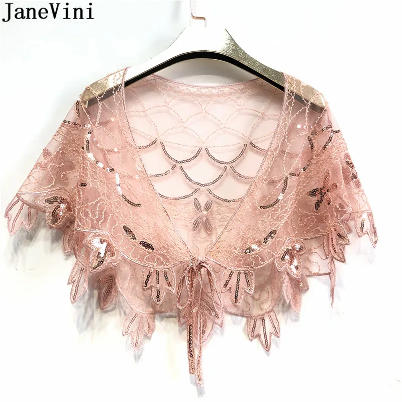 JaneVini Shiny Vintage Pink Wedding Cape Sequined Beading Women Jackets Bridal Dress Shawl Wraps Bolero Mariage Sequin Cape Gold