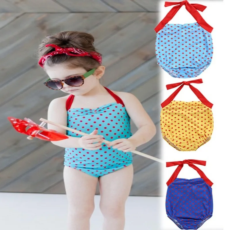 Cute Dot Children Swimsuit Baby Girls Neck Wave Point One-piece Swimwear Lovely Kids Candy Beach | Спорт и развлечения
