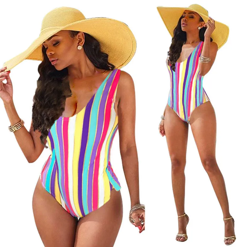 Women Colorful Stripe Swimwear One Piece Sexy Swimsuit Swimwear Monokini Bathing Suit Unpadded Bra Bikini One-Piece Swimsuit New
