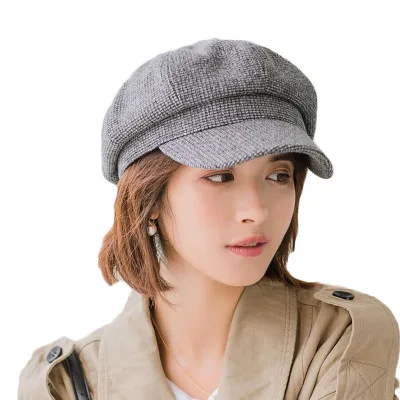 Новые осенние зимние женские серьги-капельки берет кепка газетчика восьмиугольная шерстяная шляпа Женская хлопковая французская художница берет - Цвет: gray