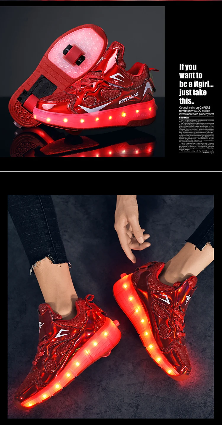 Children Two Wheels Luminous Glowing Sneakers Black Pink Red Led Light Roller Skate Shoes Kids Led Shoes Boys Girls USB Charging girls shoes