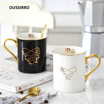 

OUSSIRRO Gold Handgrip Ceramics Porcelain Coffee Mug Mr and Mrs Gift Box Tea Milk Cup Creative Couple Wedding Anniversary Gift