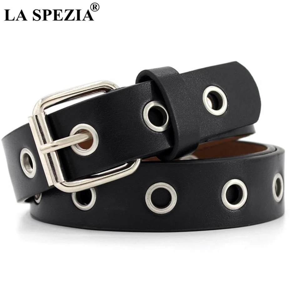 LA SPEZIA Belt For Women Black Pin Buckles Leather Women Belt Hollow Waist Belt For Trousers Brand 2024 New Ladies Belt