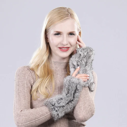 rabbit grey Зимние женские уличные теплые Настоящий мех кролика перчатки для женщин хороший эластичный вязаный кроличий мех варежки леди Настоящий мех кролика перчатки - Цвет: rabbit grey