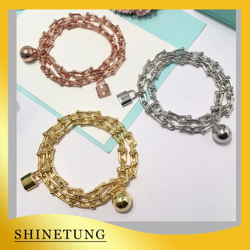 

1: 1 Original Model S925 Sterling Silver Bracelets Fashion 3 Color U-Shape Ball And Lock Bracelets Ladies Jewelry Birthday Gift