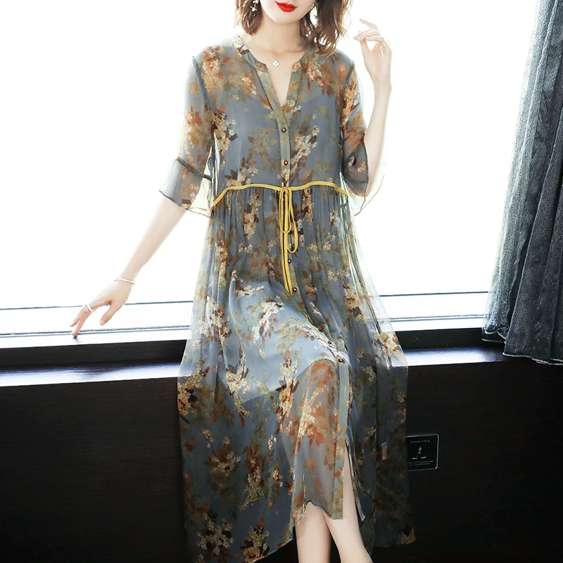 Echte Zijden Jurk Vrouwen Zomer Jurk Print Bloemen Jurken Lange Jurken Elegant Office Wear Vestidos Verano LWL1520