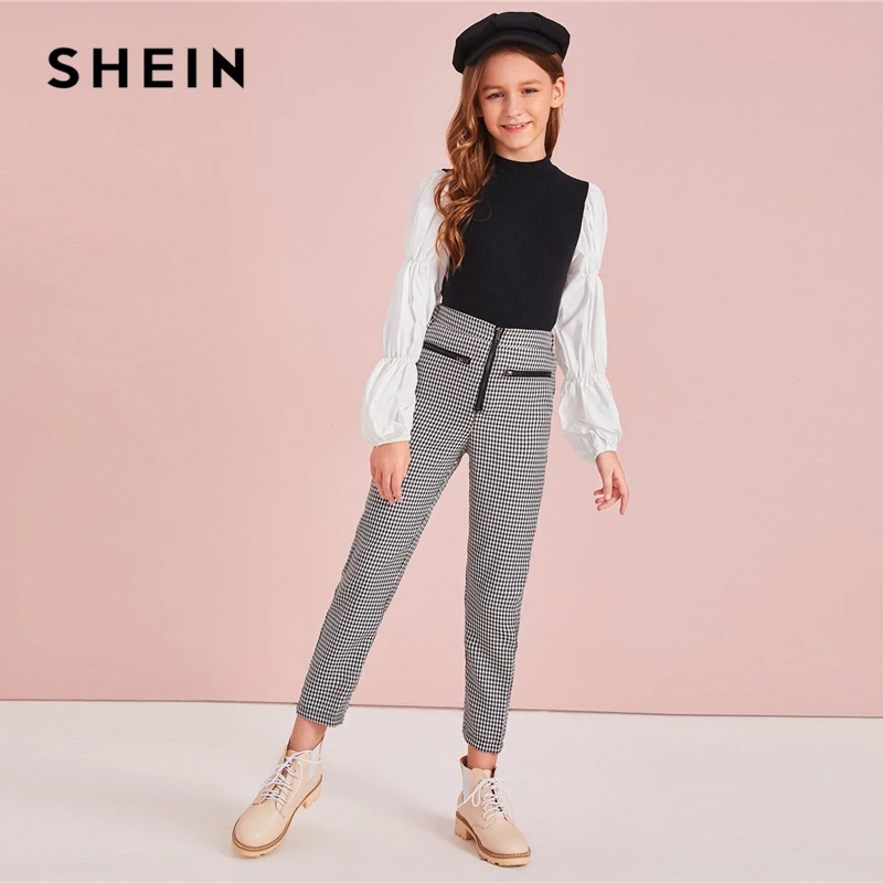 SHEIN/детские штаны для девочек в черно-белую клеточку с принтом; детские брюки; г. Осенние прямые повседневные брюки на молнии