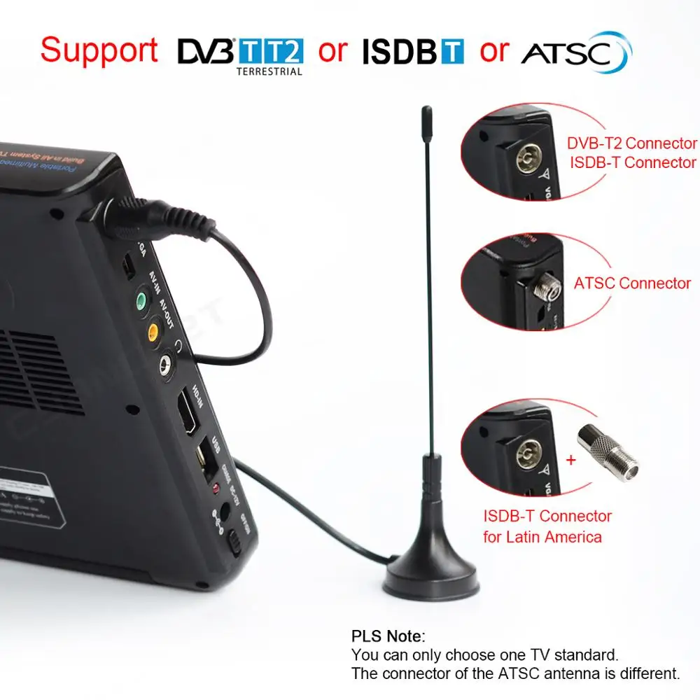10 "HD Portable Digital and Analog Mini Car TV Supports USB SD MP4 H.265 AC3DVB-T2 ATSC ISDB-T TDT
