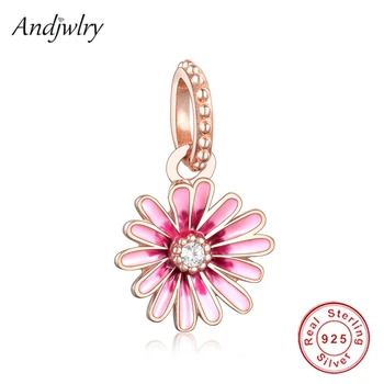 

Fit Pandora Charms Bracelet 925 Sterling Silver Original Pink Daisy Flower Dangle Charm Pendant DIY Jewelry Berloque