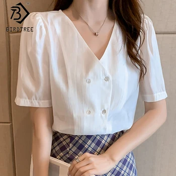 

Casual Shirts For Women 2020 Summer V-Neck Short Sleeve Double-breasted Korean Style Blouses Loose Tops T05708K