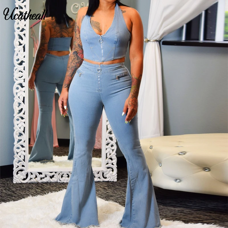 

Zipper V Neck Sexy Women 2 Two Piece Set Summer Denim Set Sleeveless Jeans Vest Crop Top + Pants Suit Denim Matching Set Outfit