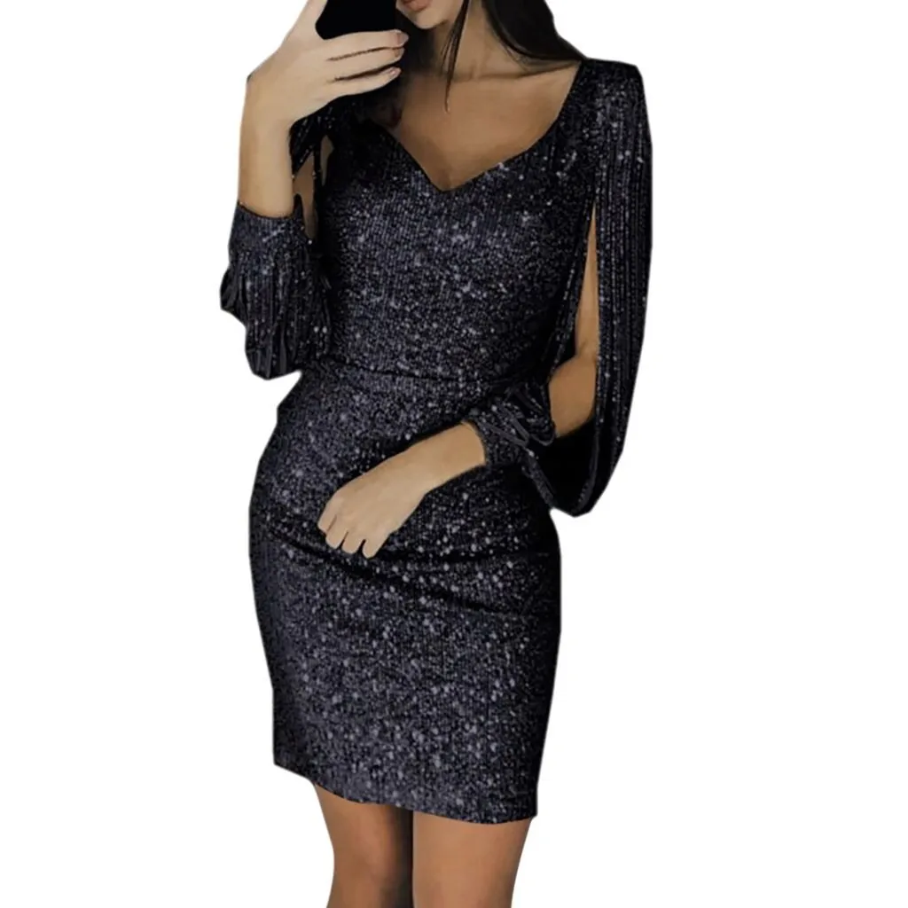 New Fashion Sexy Women V Ncek Solid Sequined Glitter Stitching Shining Club Sheath Long Sleeved Mini Dress For Female - Цвет: Черный