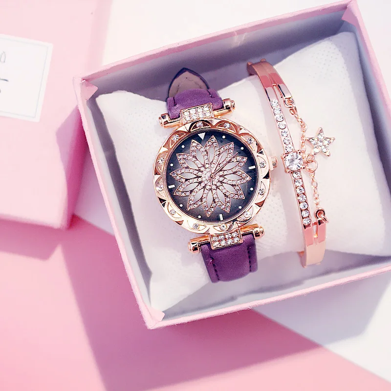 Лидер продаж, женские часы-браслет, набор, женские часы с цветами, повседневные кожаные кварцевые наручные часы, подарок, часы, Relogio Feminino - Цвет: Purple bracelet
