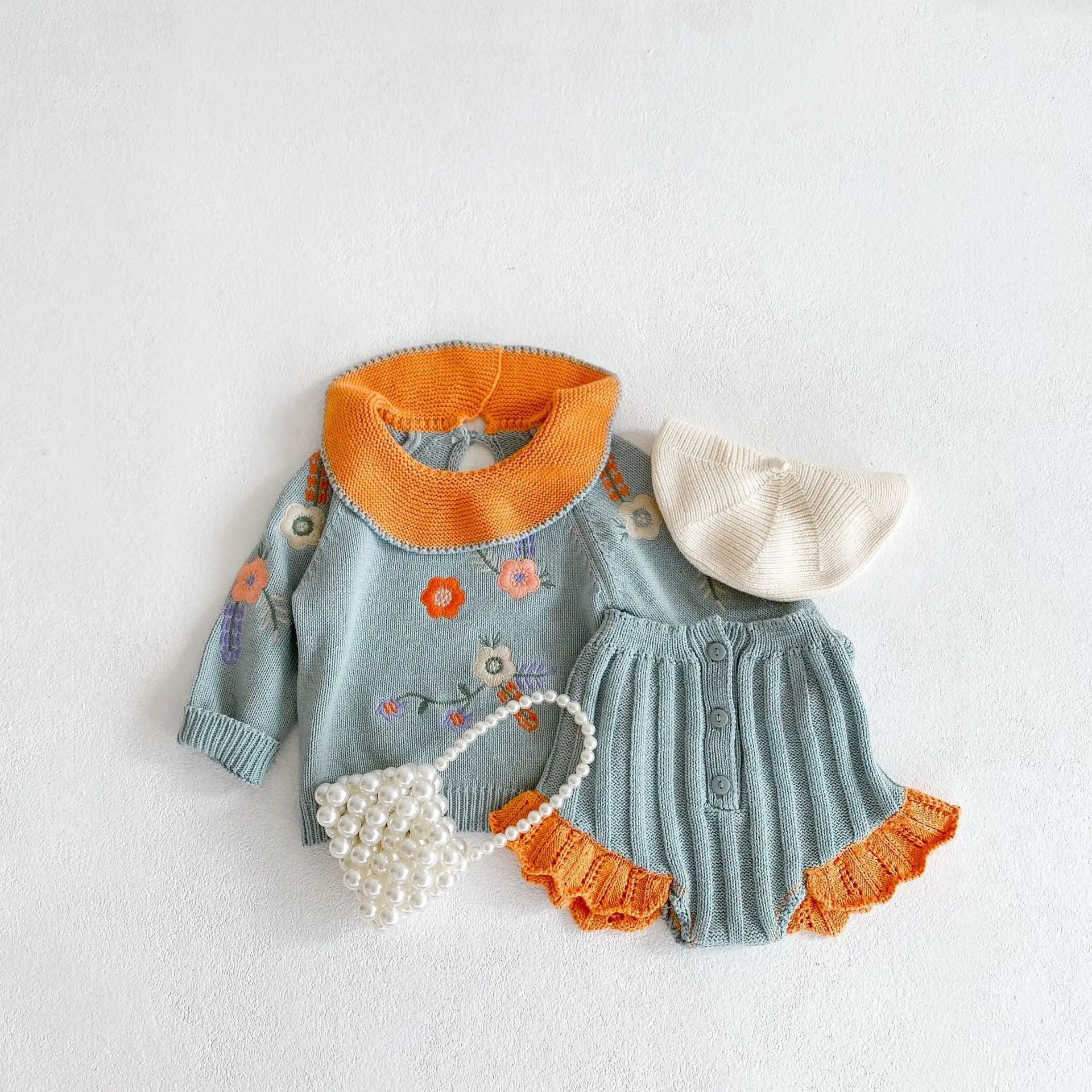 Baby Clothing Set medium Autumn Infant Baby Girls Clothes Suit Knitted Embroidered Lotus Leaf Collar Top+Lace Pants 2Pcs Toddler Baby Girls Sweater Sets newborn baby clothing gift set