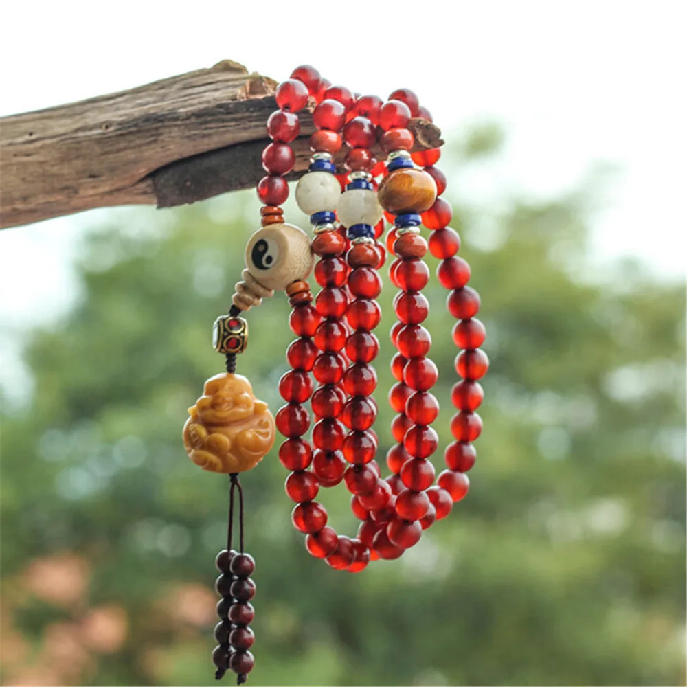 

8mm Original Design Tibetan Natural Old Sheep Horn 108 Beads Mala Bracelet with Bodhi Buddha 108 Prayer Yoga Necklace Wholesale