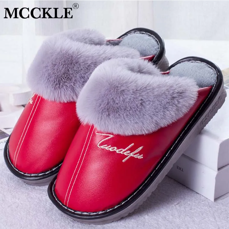 Women PU Leather Thick-soled Couple Slippers Plush Velvet Slippers Warmer 