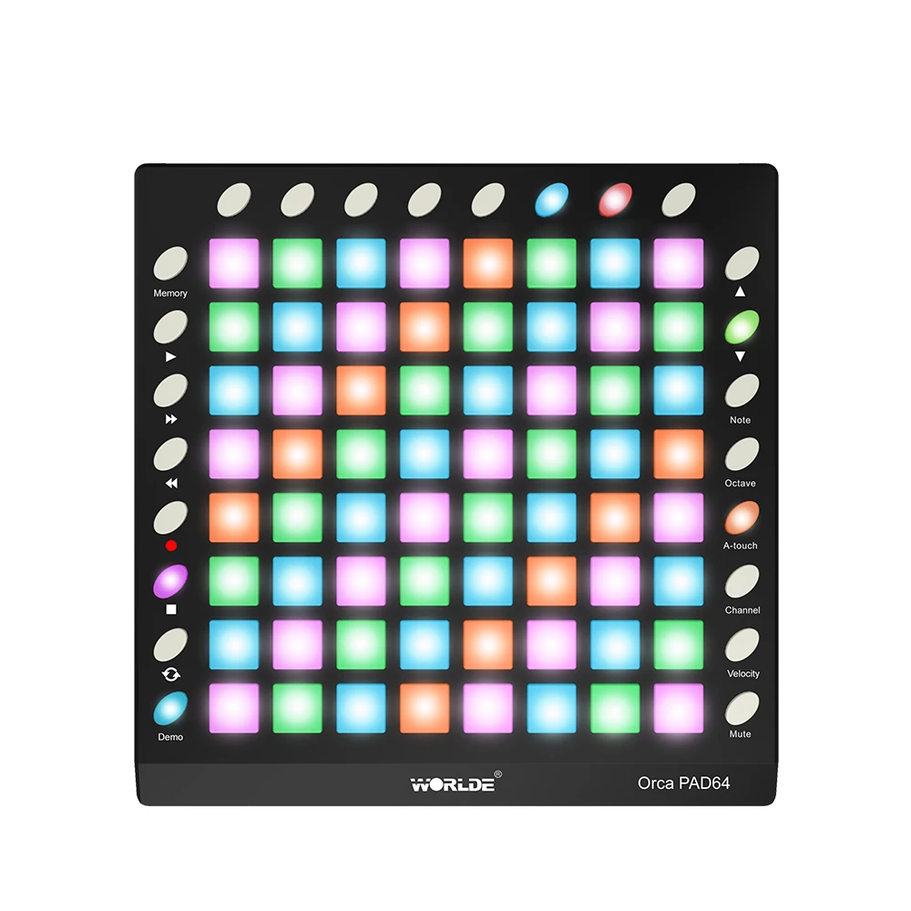 WORLDE ORCA PAD64-A Портативный USB MIDI Drum Pad контроллер 64 RGB с подсветкой колодки 24 кнопки с опциональным встроенным звуковым модулем