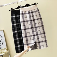 Женская теплая клетчатая юбка-карандаш, Женская Осенняя зимняя базовая юбка средней длины с разрезом и высокой талией