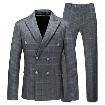 

3 Pieces 2020 Man Suit Classic Grey Plaid Double Breasted Wedding Business Suits For Men Slim Fit Coats England Male Tuxedos