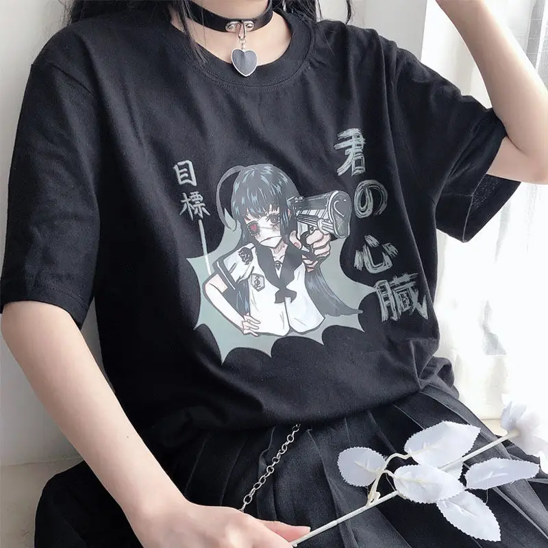 Goth Streetwear Short Sleeve Top Tee Female Kawaii y2k mujer gothic kpop футболка Harajuku Anime Print Black Crop Women T-shirts