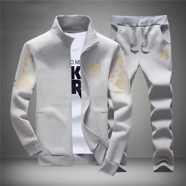 Мужская спортивная одежда комплект с капюшоном из 2 предметов осенний спортивный костюм мужской фитнес стенд толстовки с воротниками куртка+ брюки наборы - Цвет: A-Grey