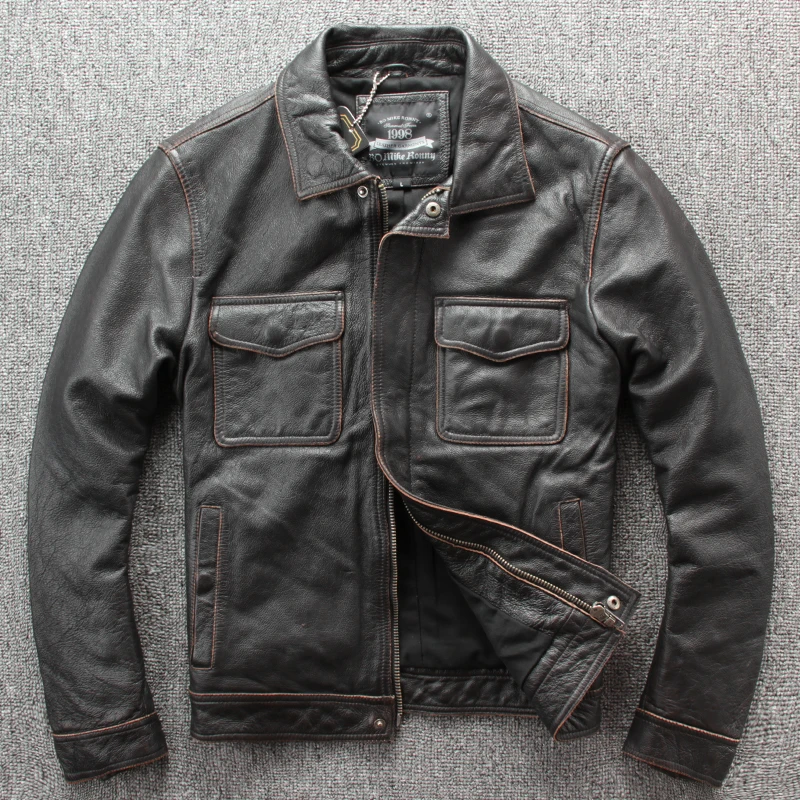 

Free shipping.Brand new classic leather jacket.mens casual vintage thicker coat.cowhide warm jackets.Stone mill motor plus size