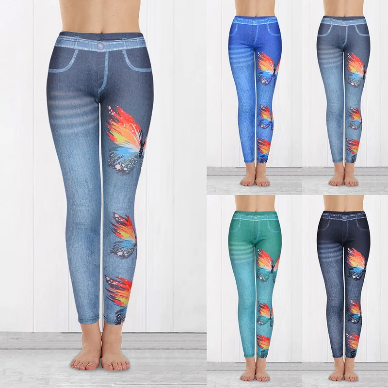 

Women Floral Print Leggings Casual Fitness Slim Ankle Jeans Pants Lady Elastic Waist Denim Trousers Leggings Pants Streetwear