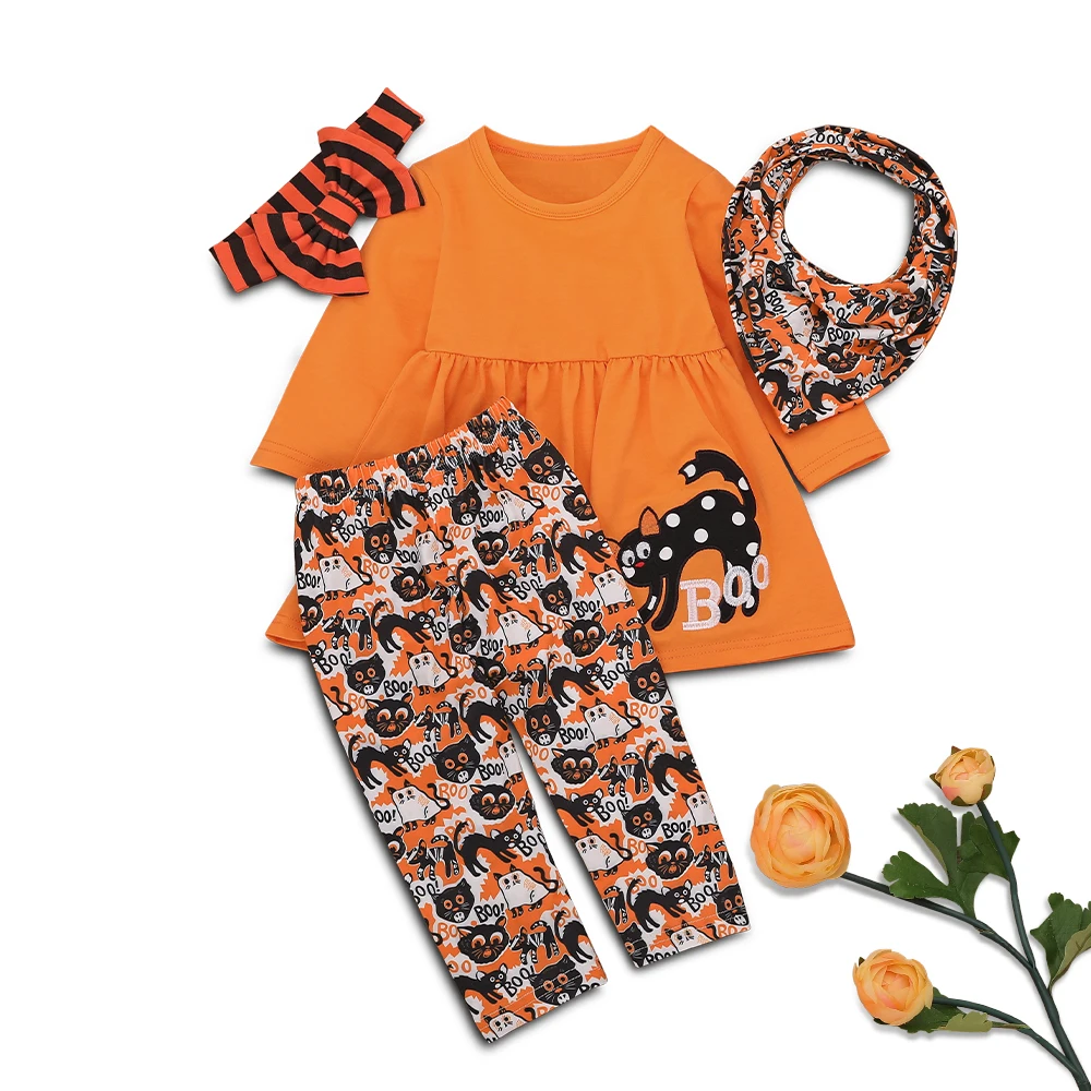 

Holiday Set 4PCS Toddler Baby Girl Halloween Clothes Tops T-Shirt Pants Outfits Set Cartoon Print Pants Set