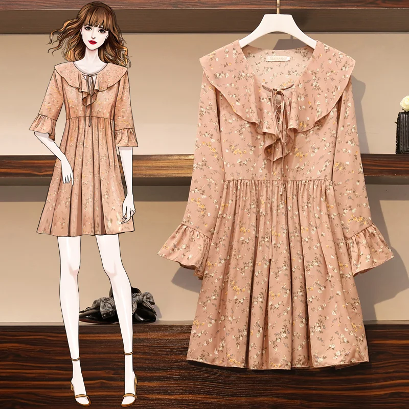 

2020 Sprin Autumn Plus Size Pleated Doll Collarr Print Mini Dress Women Elegant Korean Bodycon Dress Party Long Sleeve Vestidos