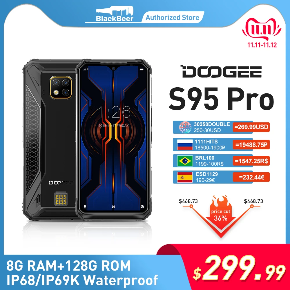 Смартфон DOOGEE S95 Pro 6 3 дюйма 1080x2160 усиленный IP68 MTK Helio P90 мобильный телефон 8 ГБ 128