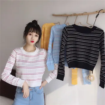 

Women Sweater Fashion Striped Knitted Pullover Slim Sweater Casual Long Sleeve Short Sweater
