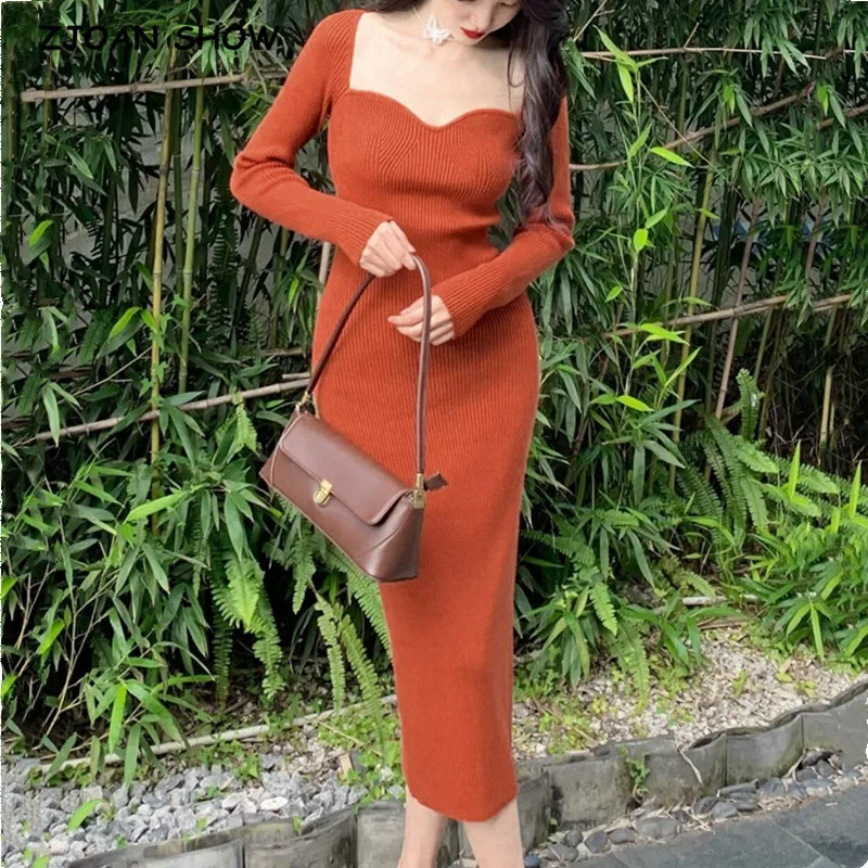Elegant Vintage Square Collar Knitting Back Slit Sweater Dress Sexy