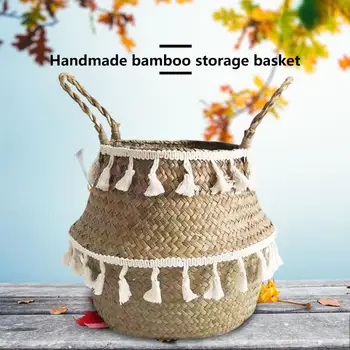 

Foldabling Hanging Basket with Tassels Handmade Laundry Container Flowers Pot with Handle Home Decor Desktop Storage Baskets