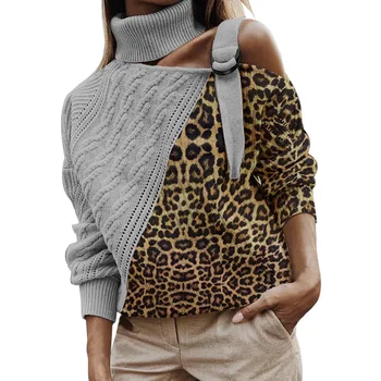 

Leopard Patchwork Turtleneck Sweater Women Sexy Off Shoulder Color Block Knitted Sweaters Batwing Long Sleeve Pullover Tops