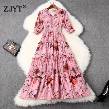 

Europe Fashion Runway Summer Dresses for Women 2020 New Elegant Clothes Sequined VNeck Print Ruffled Elastic Waist Chiffon Dress