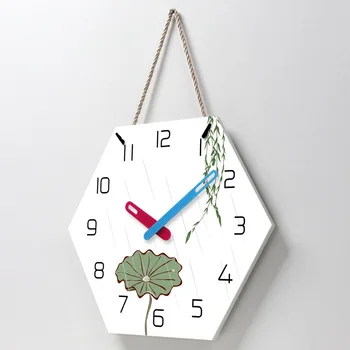 

Acrylic Lanyard Wall Clock Hexagon 14 Inch Chinese Lotus Willow Leaf Pattern Wall Clock Suitable for Living Room Office