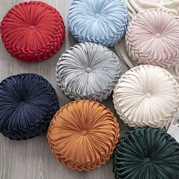 

Polyester Fiber Round Floor Cushion Pillow Pouf Throw Home Sofa Decor Luxury European Round Solid Color Pleated Floor Pillow