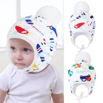

Cute Cartoon Cotton Hat Printed Kids Aircraft Car Adjustable Elasticity of Tie Baby Infant Winter Warm Pompom Fleece Cap