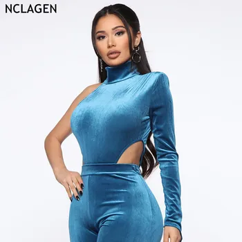 

NCLAGEN 2019 Winter Women Sexy One Shoulder Long Sleeve Velour Bodysuits Turtleneck Skinny Bodycon Femme Party Club Rompers
