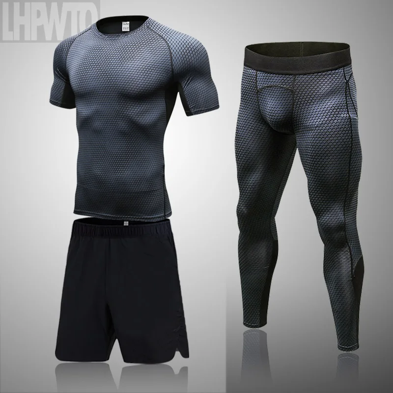 Mens Sport Running Set Compression T-Shirt + Pants Skin-Tight Short Sleeves Fitness Rashguard MMA Training Clothes Gym Yoga Suit | Спорт и
