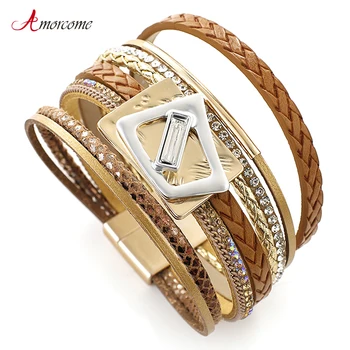 

Amorcome Women Leather Bracelets Fashion 2019 Boho Multilayer Twist Weave Crystal Alloy Charm Wide Wrap Bracelet Female Jewelry