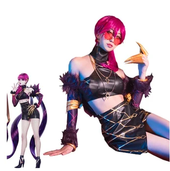 

LOL Game K/DA Evelynn Cosplay Costume Women Sexy Leather Costume Top Skirt Cape Full Set