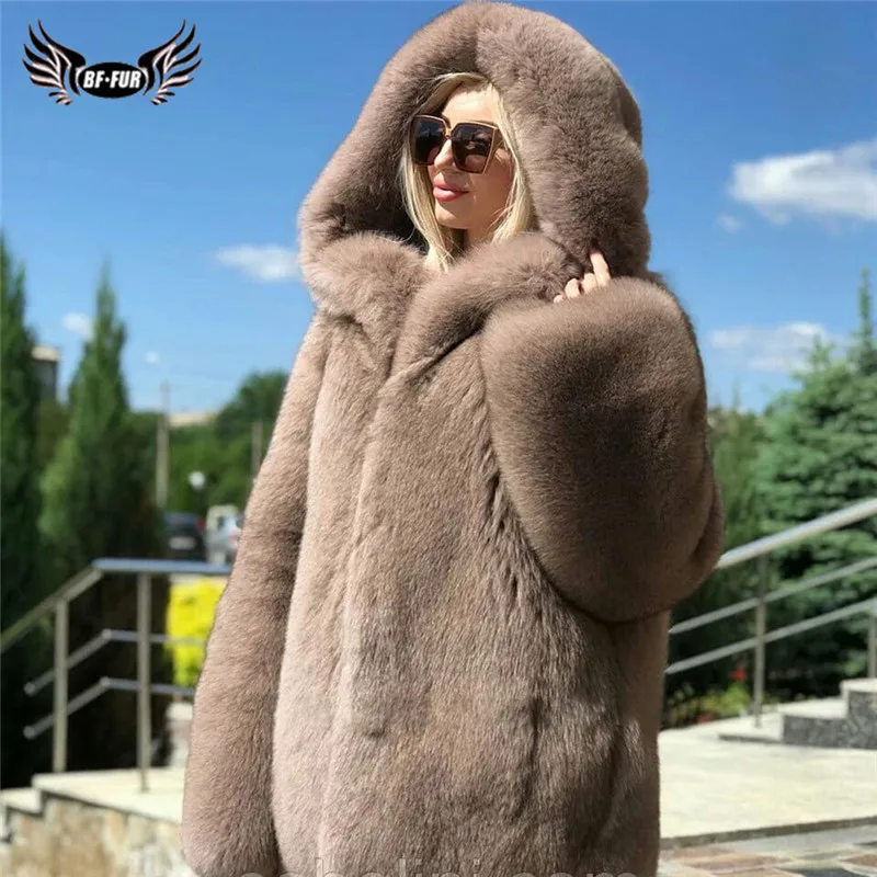 Зимнее модное пальто с капюшоном из лисьего меха для женщин, Толстая теплая куртка из голубого меха лисы, пальто из натурального меха