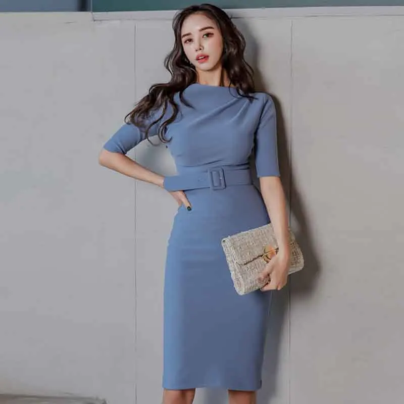 

Korean Temperament Off Shoulder Bodycon Office Lady Dress New 2020 Spring Summer Clothes Slim Was Sexy Party Dresses With Belt