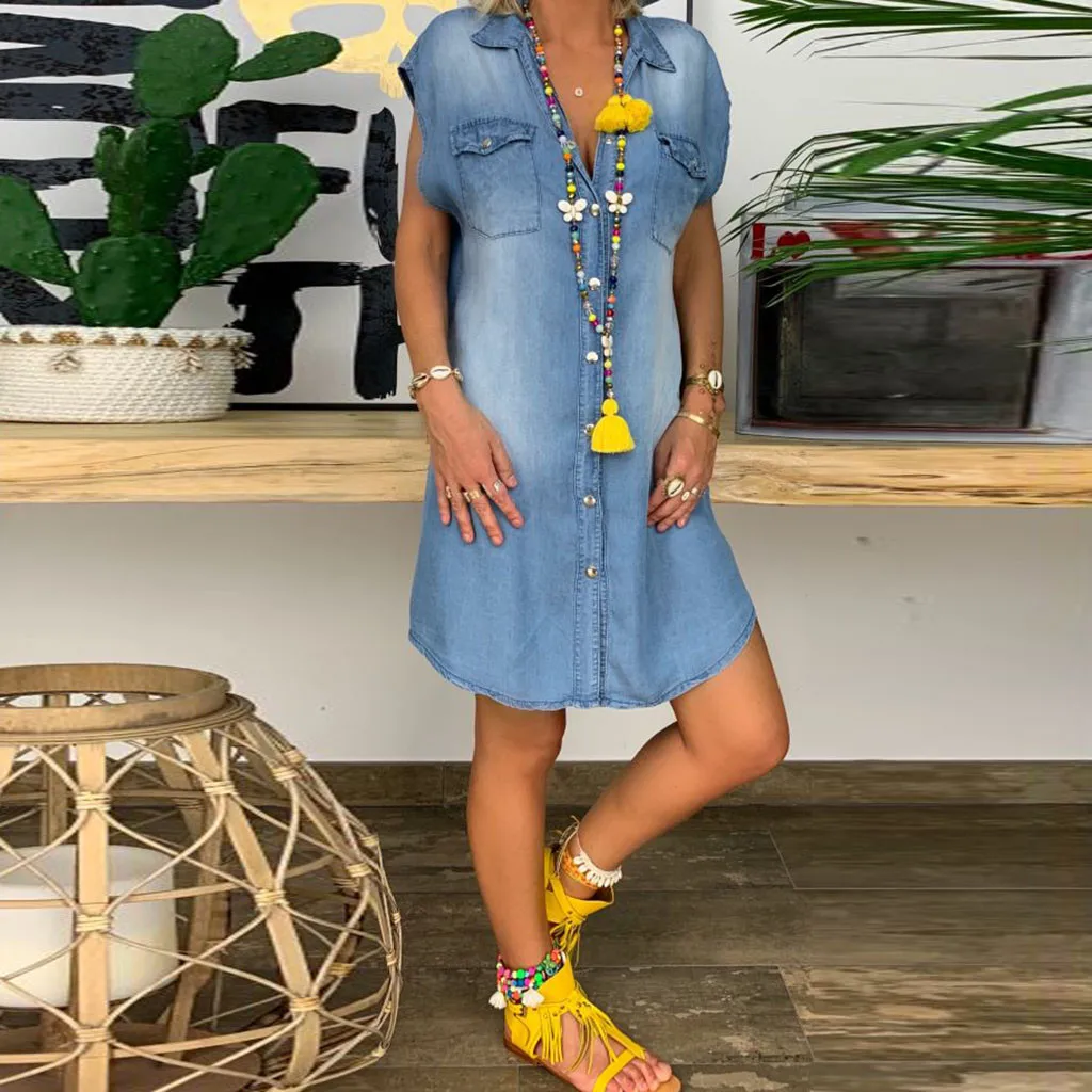 

Women's 2019 Summer Dresses Casual Turndown Neck Denim Party Sleeveless Swing Dress DouDouLu Vestido Mujer Robe Femme