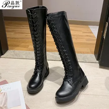 

Women Boots Fashion Lace Up Motorcycle boots soft Pu Low Heel Knee High Boots Autumn Wintre Zipper Long Boots Ladies Shoes