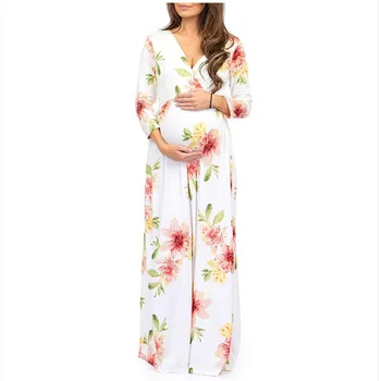 

Maternity Pregnanty Long Dress V-Neck Long Sleeve Print Floral Ladies Pregnant Women Long-sleeved Cross-print Lace-up Dress A2