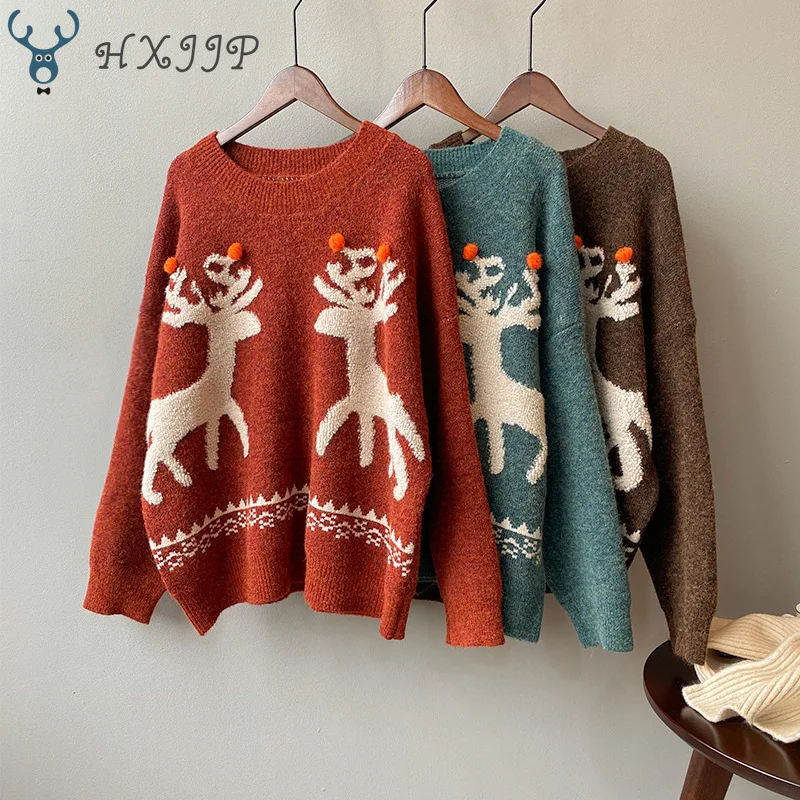 

HXJJP 2019 Winter New Elk Christmas Red Women Sweater Female O-Neck Long Sleeve Loose Retro Knitted Pullover