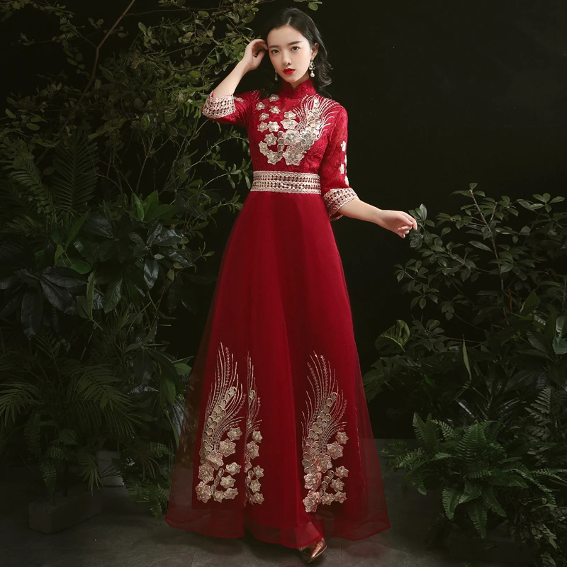 Robe de soiree элегантные бордовые вечерние платья трапециевидной формы платья для выпускного вечера с высоким воротом длиной в Пол три четверти для торжественного случая - Цвет: Wine Red